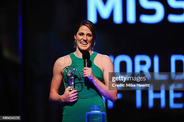 Missy Franklin speaks after winning the Laureus World Sportswoman of the Year on stage during the 2014 Laureus World Sports Award show at the Istana...