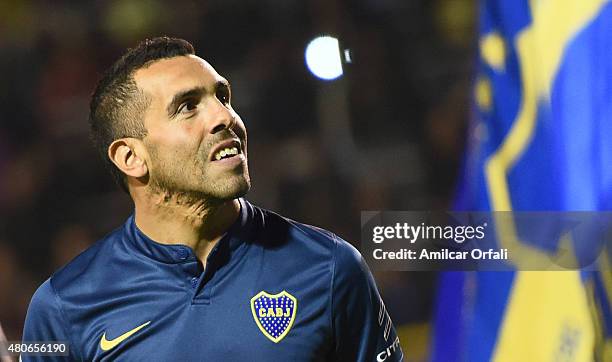 Carlos Tevez looks on during his presentation as new player of Boca Juniors at Alberto J. Armando Stadium on July 13, 2015 in Buenos Aires, Argentina.