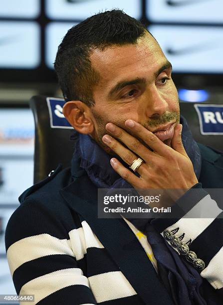 Carlos Tevez gestures during a press conference to present him as new player of Boca Juniors at Alberto J. Armando Stadium on July 13, 2015 in Buenos...