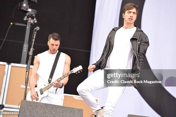 Frontman Gustav Wood and guitarist John Taylor of English melodic hardcore group Young Guns performing live on the Main Stage at Download Festival on...