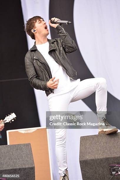 Frontman Gustav Wood of English melodic hardcore group Young Guns performing live on the Main Stage at Download Festival on June 15, 2013.