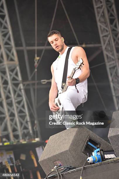 Guitarist John Taylor of English melodic hardcore group Young Guns performing live on the Main Stage at Download Festival on June 15, 2013.