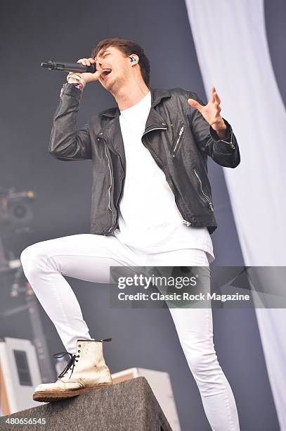 Frontman Gustav Wood of English melodic hardcore group Young Guns performing live on the Main Stage at Download Festival on June 15, 2013.