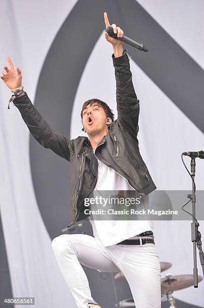 Frontman Gustav Wood of English melodic hardcore group Young Guns performing live on the Main Stage at Download Festival on June 15, 2013.