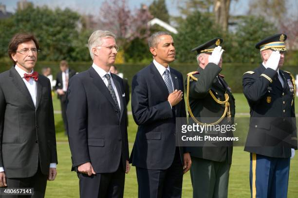 President of the United States Barack Obama , King Philippe of Belgium and Prime Minister Belgium Elio Di Rupo pay their respects during a visit to...