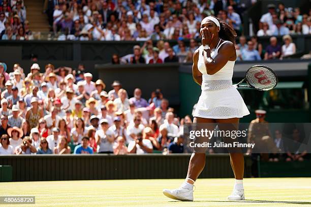 Serena Williams of United States celebrates after winning the Final of the Ladies Singles against Garbine Muguruza of Spain during the day twelve of...