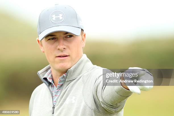 Jordan Spieth of the United States looks on during a practice round ahead of the 144th Open Championship at The Old Course on July 14, 2015 in St...