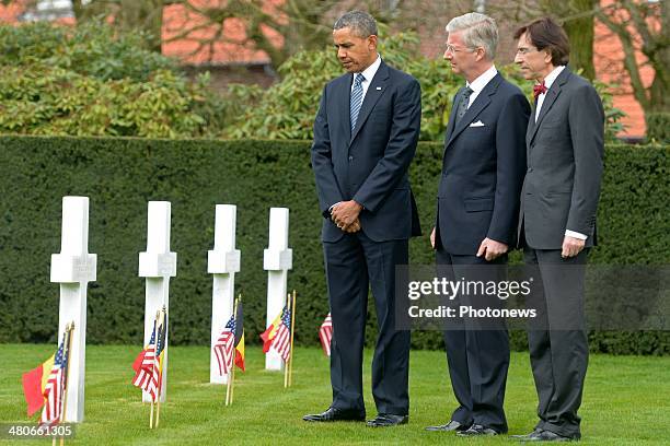 President of the United States Barack Obama, King Philippe of Belgium and Prime Minister Belgium Elio Di Rupo pay their respects during a visit to...