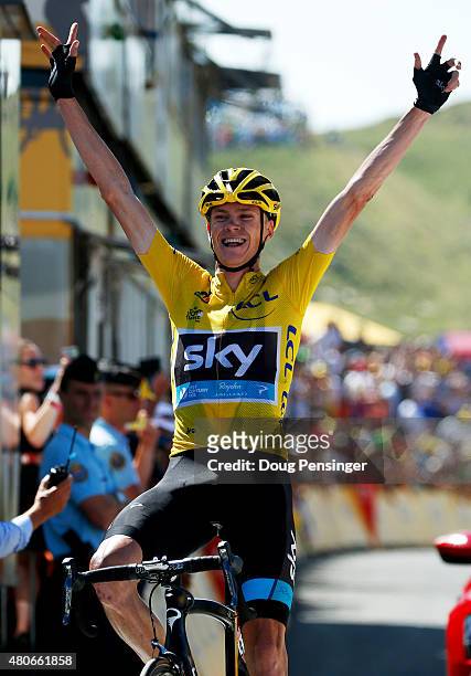 Chris Froome of Great Britain and Team Sky celebrates as he crosses the finish line to win stage ten of the 2015 Tour de France, a 167 km stage...