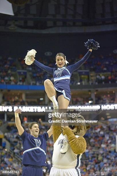 Playoffs: Villanova cheerleaders performing with mascot Will D. Cat during game vs Milwaukee at First Niagara Center. Buffalo, NY 3/20/2014 CREDIT:...
