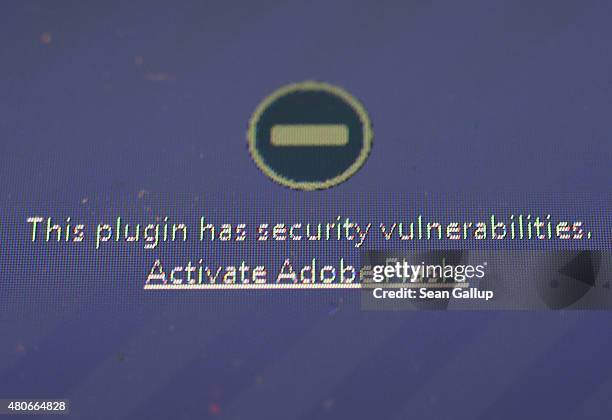 Window on the Mozilla Firefox browser shows the browser has blocked the Adobe Flash plugin from activating due to a security issue on July 14, 2015...