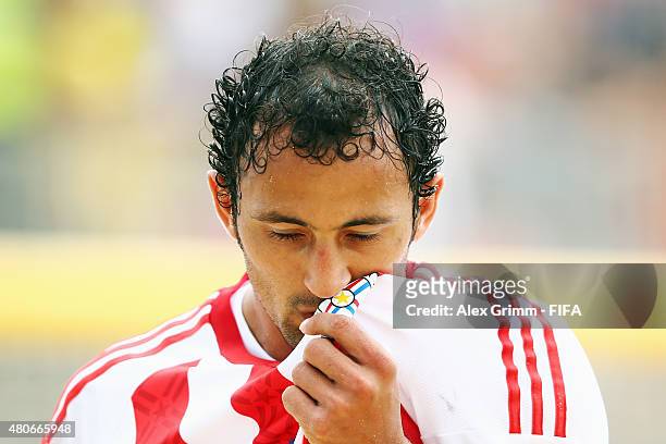 Pedro Moran of Paraguay celebrates a goal during the FIFA Beach Soccer World Cup Portugal 2015 Group D match between Paraguay and Madagascar at...