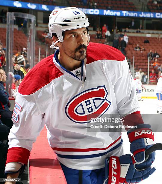 George Parros of the Montreal Canadiens looks on during warm ups before the game against the Anaheim Ducks on March 5, 2014 at Honda Center in...