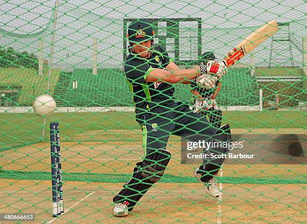 George Bailey of Australia bats during an Australian ICC World Twenty20 Bangladesh 2014 training session at Khan Saheb Osman Ali Stadium on March 26,...