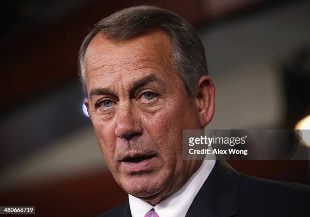 Speaker of the House Rep. John Boehner speaks during his weekly news conference March 26, 2014 on Capitol Hill in Washington, DC. Speaker Boehner...