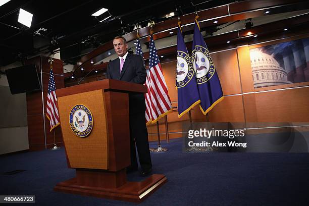 Speaker of the House Rep. John Boehner speaks during his weekly news conference March 26, 2014 on Capitol Hill in Washington, DC. Speaker Boehner...