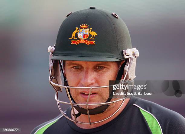 Brad Hodge of Australia looks on during an Australian ICC World Twenty20 Bangladesh 2014 training session at Khan Saheb Osman Ali Stadium on March...