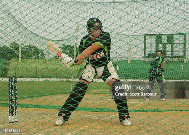 James Faulkner of Australia bats during an Australian ICC World Twenty20 Bangladesh 2014 training session at Khan Saheb Osman Ali Stadium on March...