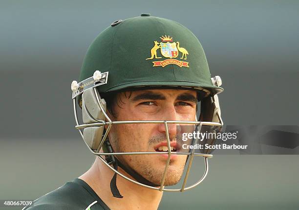 Mitchell Starc of Australia looks on during an Australian ICC World Twenty20 Bangladesh 2014 training session at Khan Saheb Osman Ali Stadium on...