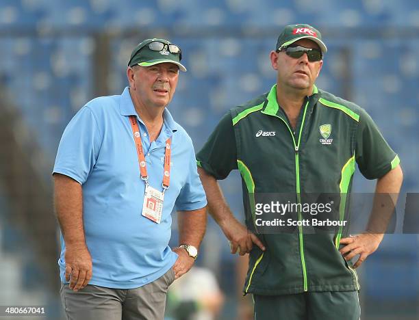 Selector Rod Marsh and coach Darren Lehmann of Australia look on during an Australian ICC World Twenty20 Bangladesh 2014 training session at Khan...