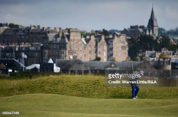 Marc Leishman of Australia hits his second shot on the 15th hole ahead of the 144th Open Championship at The Old Course on July 14, 2015 in St...