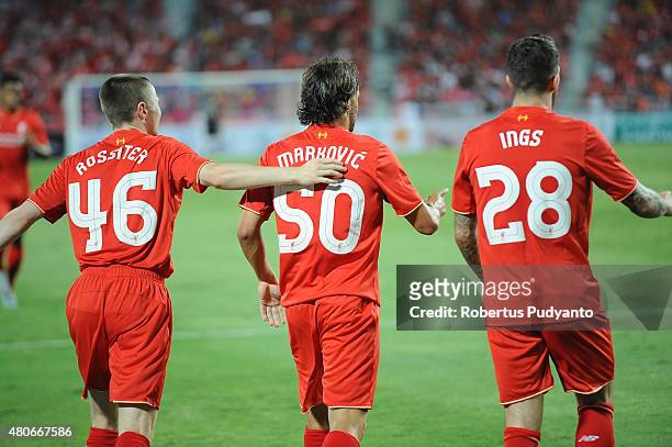 Jordan Rossiter, Lazar Markovic, and Danny Ings of Liverpool celebrate their goal during the international friendly match between Thai Premier League...