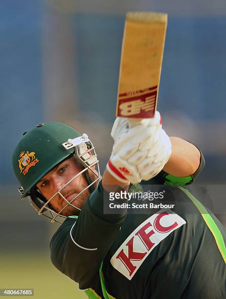 Aaron Finch of Australia bats during an Australian ICC World Twenty20 Bangladesh 2014 training session at Khan Saheb Osman Ali Stadium on March 26,...