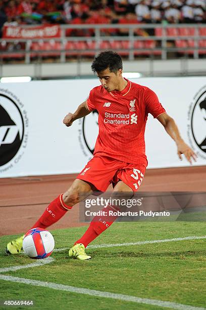 Joao Carlos Teixeira of Liverpool kicks the ball during the international friendly match between Thai Premier League All Stars and Liverpool FC at...