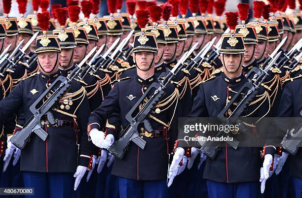 Republican guards march during annual Bastille Day military parade in the Republic Day on the Champs Elysees in Paris, France on July 14, 2015....