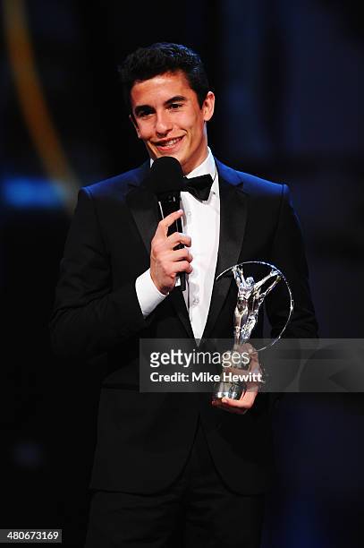 Marc Marquez speaks after the winning the Laureus World Breakthrough of the Year award during the 2014 Laureus World Sports Award show at the Istana...