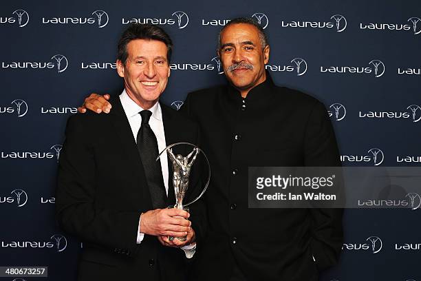 Laureus Academy member Lord Sebastian Coe and Daley Thompson attends the 2014 Laureus World Sports Awards at the Istana Budaya Theatre on March 26,...