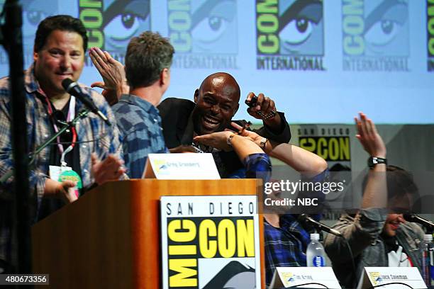 Heroes Reborn" Panel & Red Carpet -- Pictured: Greg Grunberg, Moderator; Tim Kring, Executive Producer, Creator; Jimmy Jean-Louis, Zachary Levi, Ryan...