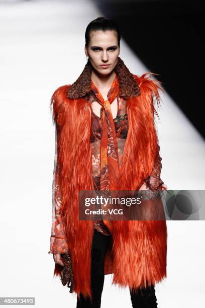 Model showcases designs on the runway during the Fur Fashion Collection show on day two of the Mercedes-Benz China Fashion Week Autumn/Winter...