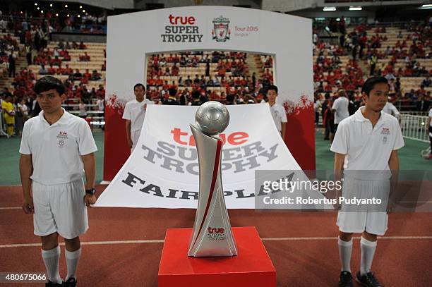 True Super Trophy Liverpool FC is displayed during the international friendly match between Thai Premier League All Stars and Liverpool FC at...