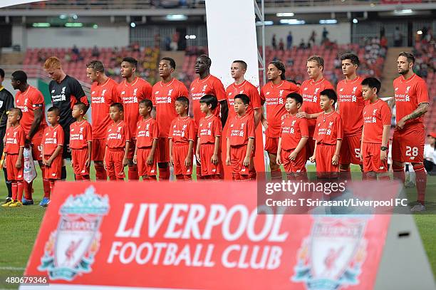 Liverpool team first eleven lineup poses during the international friendly match between Thai Premier League All Stars and Liverpool FC at...