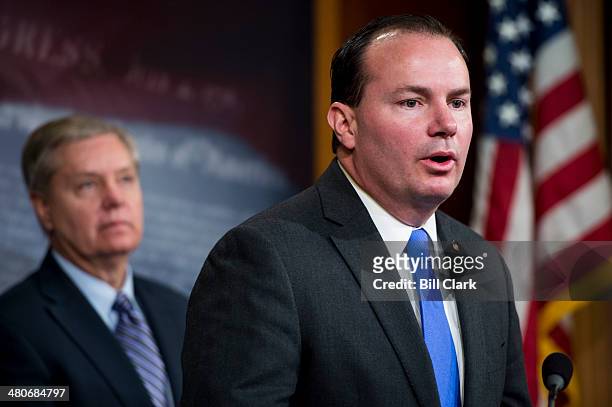 Sen. Mike Lee, R-Utah, speaks during a news conference on Wednesday, March 26 on legislation that would restore "the long-standing interpretation of...