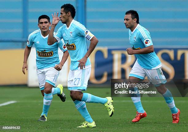 Carlos Lobaton of Sporting Cristal celebrates the first goal of his team against Cesar Vallejo during a match between Sporting Cristal and Cesar...