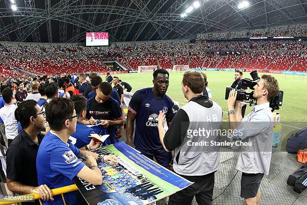 Romelu Lukaku of Everton is interviewed by the media during the Everton FC open training ahead of the match between Everton and Stoke City during the...
