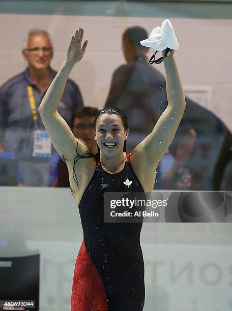 Chantal Van Landeghem of Canada reacts after winning the Women's 100m final at the Pan Am Games on July 14, 2015 in Toronto, Canada.