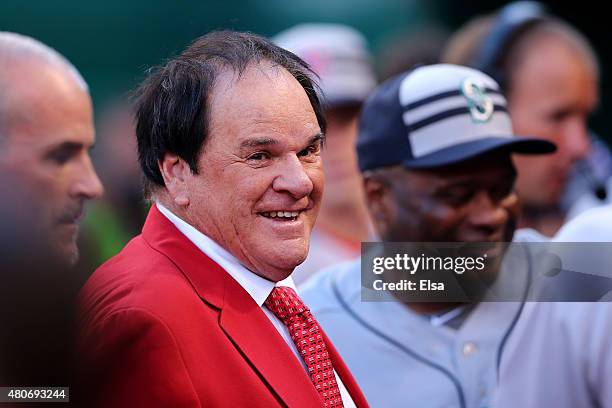 Former player and manager Pete Rose looks on prior to the 86th MLB All-Star Game at the Great American Ball Park on July 14, 2015 in Cincinnati, Ohio.