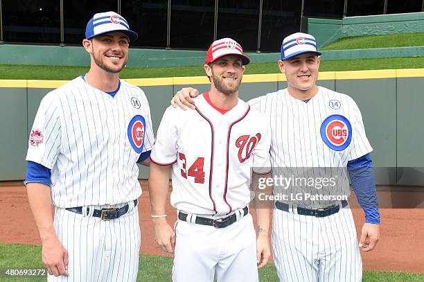 National League All-Star Kris Bryant of the Chicago Cubs, National League All-Star Bryce Harper of the Washington Nationals and National League...