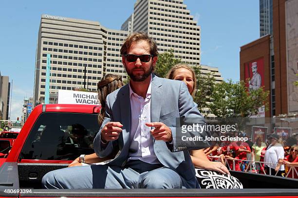 National League All-Star Michael Wacha of the St. Louis Cardinals rides in a Chevy Truck during the All-Star Game Red Carpet Show presented by...