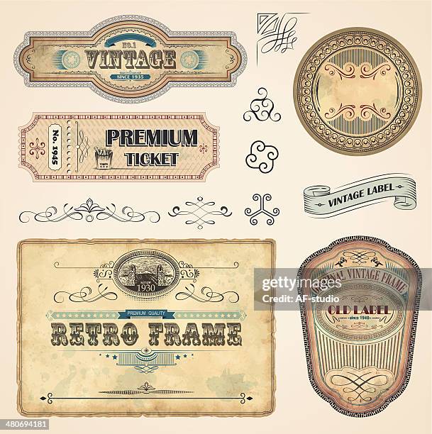 satz von vintage etiketten - pergament stock-grafiken, -clipart, -cartoons und -symbole