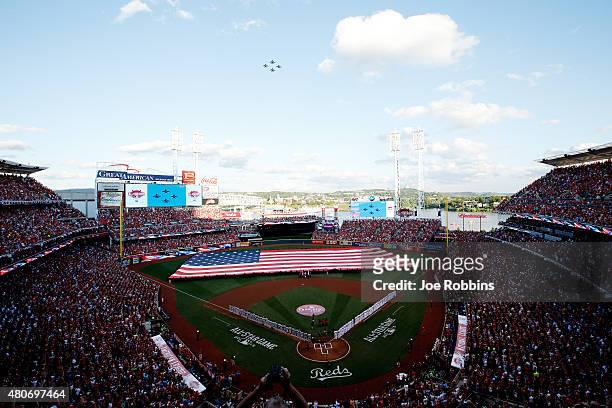 Jets fly over during the national anthem prior to the 86th MLB All-Star Game at the Great American Ball Park on July 14, 2015 in Cincinnati, Ohio.