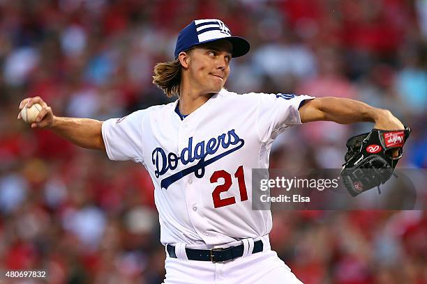National League All-Star Zack Greinke of the Los Angeles Dodgers throws a pitch in the first inning against the American League during the 86th MLB...