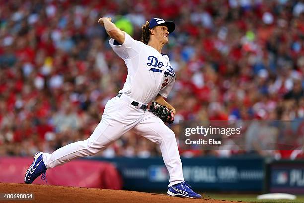 National League All-Star Zack Greinke of the Los Angeles Dodgers throws a pitch in the first inning against the American League during the 86th MLB...