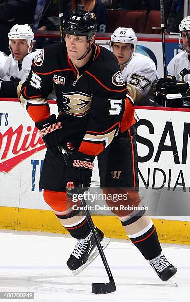 Bryan Allen of the Anaheim Ducks handles the puck against the Pittsburgh Penguins on March 7, 2014 at Honda Center in Anaheim, California.