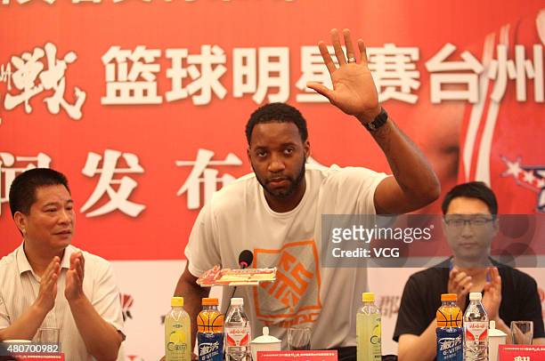 American retired professional basketball player Tracy McGrady attends a press conference on July 14, 2015 in Taizhou, China.