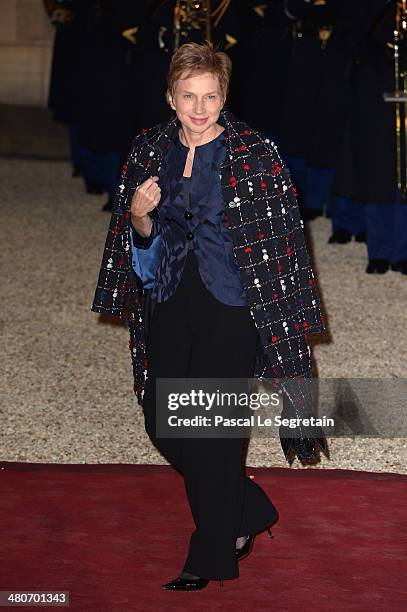 Former Medef's head Laurence Parisot arrives at the Elysee Palace for an official dinner hosted by French President Francois Hollande as part of a...