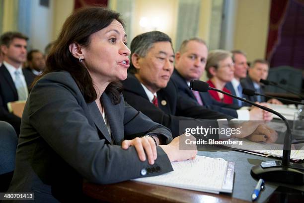 Edith Ramirez, chairwoman of the U.S. Federal Trade Commission , from left, Wallace Loh, president of the University of Maryland, John Mulligan,...